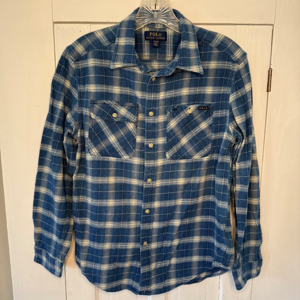 Polo Ralph Lauren Boys Blue White Plaid Button Down Shirt L 14-16 Cotton Flannel